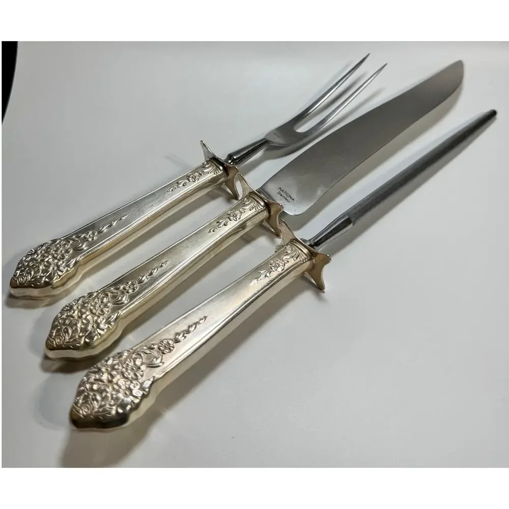 National Prince Edward 3 Pc Carving Set Silver Plate Knife‎ Fork Steel